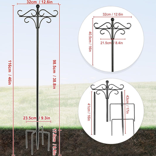 Shepherds Hook Bird Feeder Pole for Outdoor, 46 Inch Tall Heavy Duty Feeder Pole with 4 Hook for Hanging Bird Feeders, Hummingbird Feeder, Plant Baskets