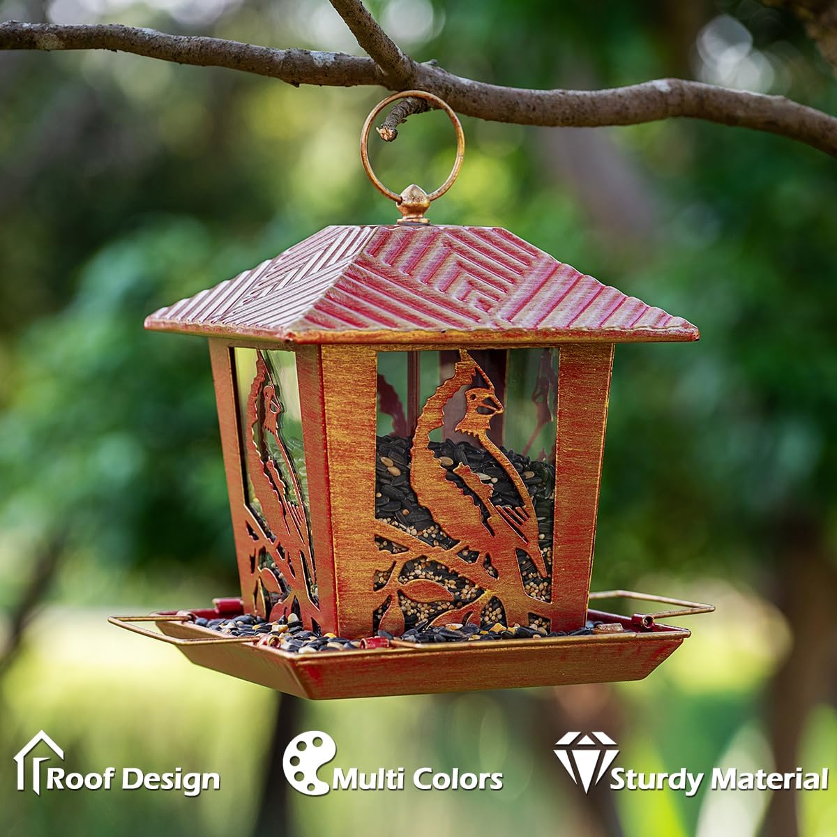 Birdream Metal Bird Feeders, Unique Vintage Design Bird Feeder for Outside Squirrel Proof, Attracting Wild Birds Cardinal Bluebird (Red Gold)