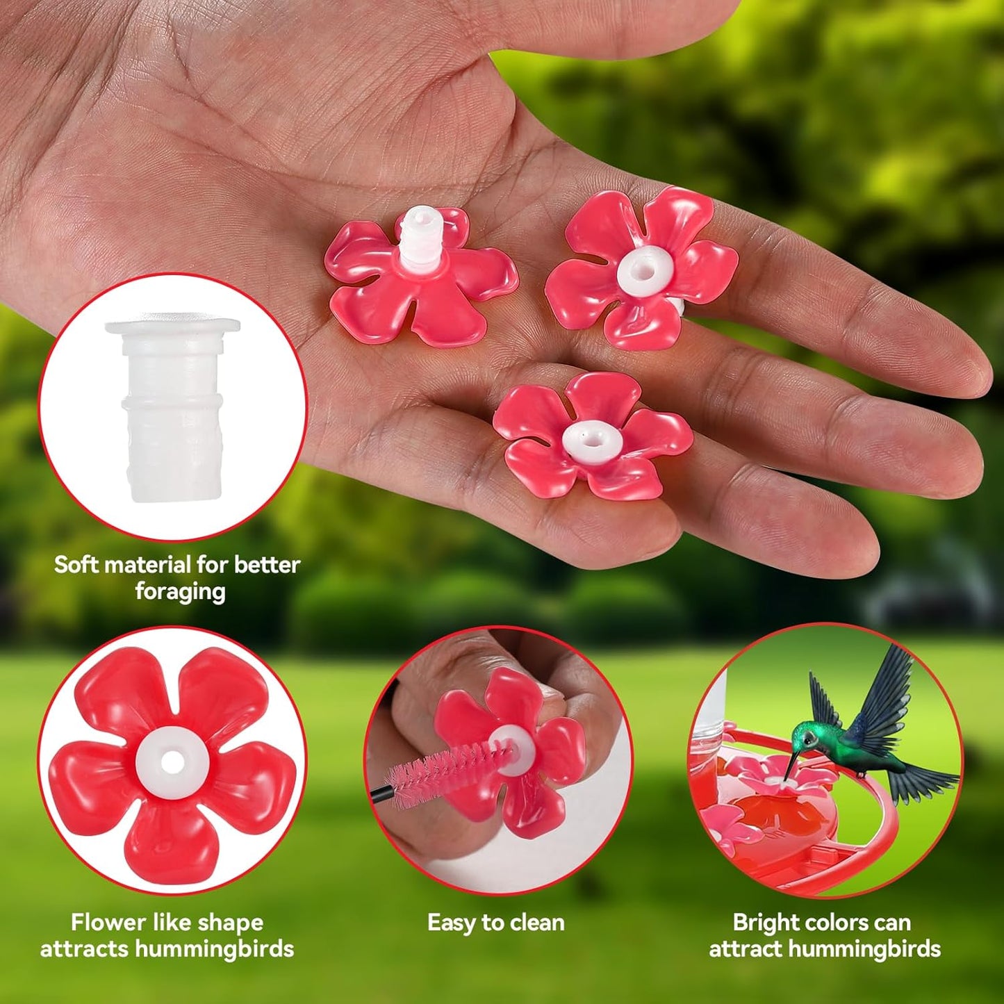 30 Pack Hummingbird Feeder Replacement Flowers, Bee-Proof Plastic Red 