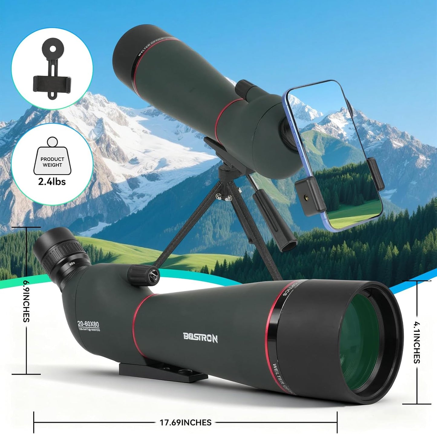 20-60x80 Spotting Scope - Spotting Scopes with Tripod Phone Holder, BAK4 FMC Waterproof Spotter Scope for Bird Watching, Target Shooting, Stargazing Dark Green