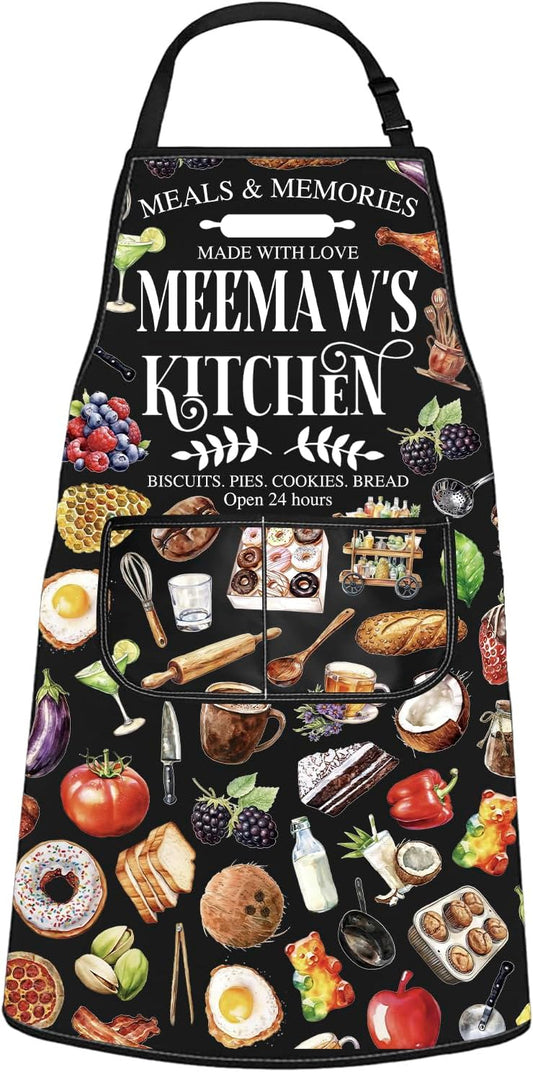 WCGXKO Meemaw’s Kitchen Apron Grandmother Birthday Gift Best Meemaw Ever Merch Mother’s Day Gift for Grandma