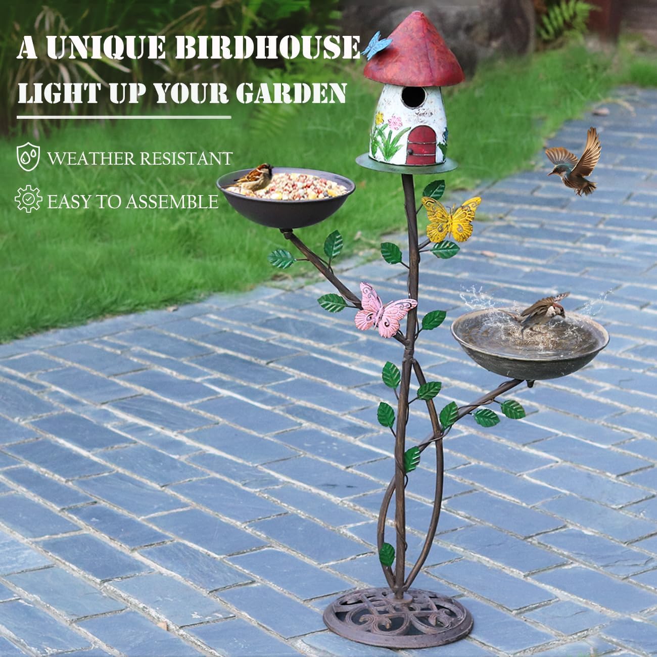 Multi-Functional Birdhouses for Outdoors, Metal Bird House with Bird Feeder and Bird Bath, 3-in-1 Suitable for Garden Decoration Yard, Cast Iron Base