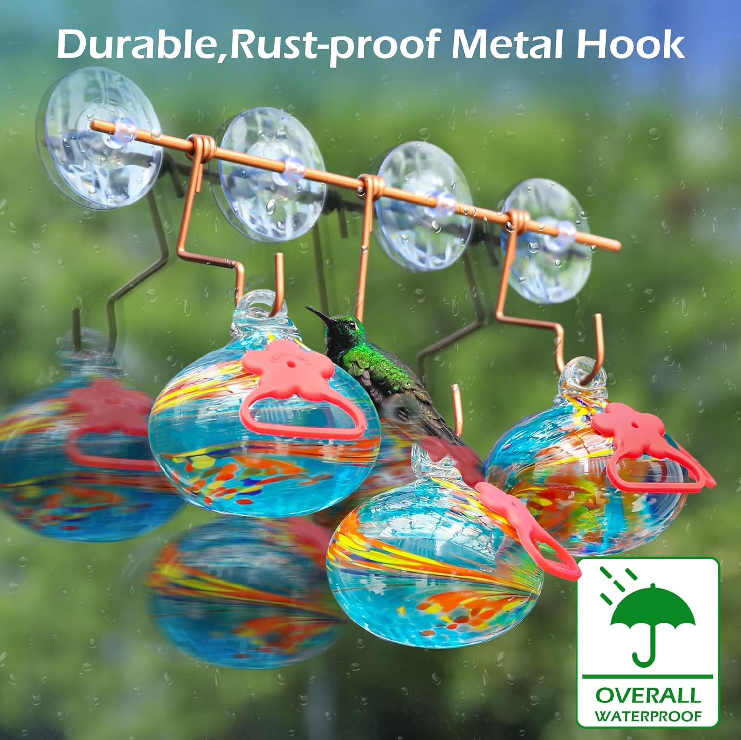Window Hummingbird Feeder with Suction Cups,Hand-Blown Glass Hummingbi