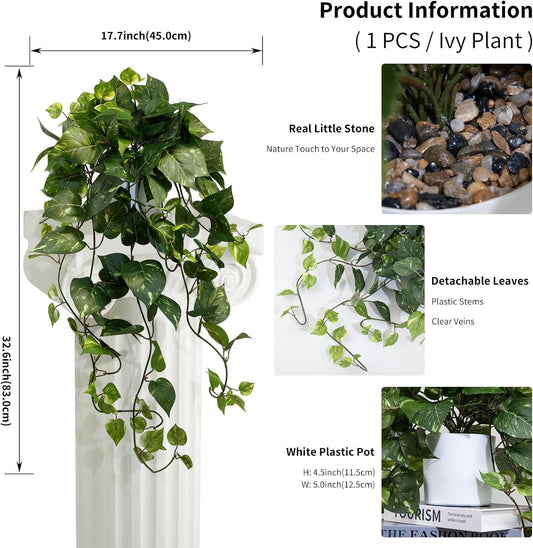 LOYWREE Artificial Plants Fake Pothos in Plastic Pot - Artificial Scindapsus Aureus Faux Potted Plant with Trailing Vines for Indoor Outdoor Decor, Home Office Bedroom Shelf Decoration（White Pot）