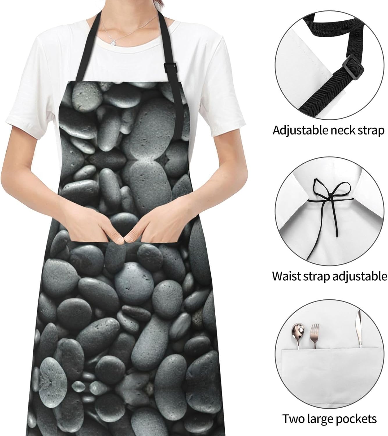 Many Black Pebbles Print Laundry apron 28x33 In Waterproof Kitchen Apr