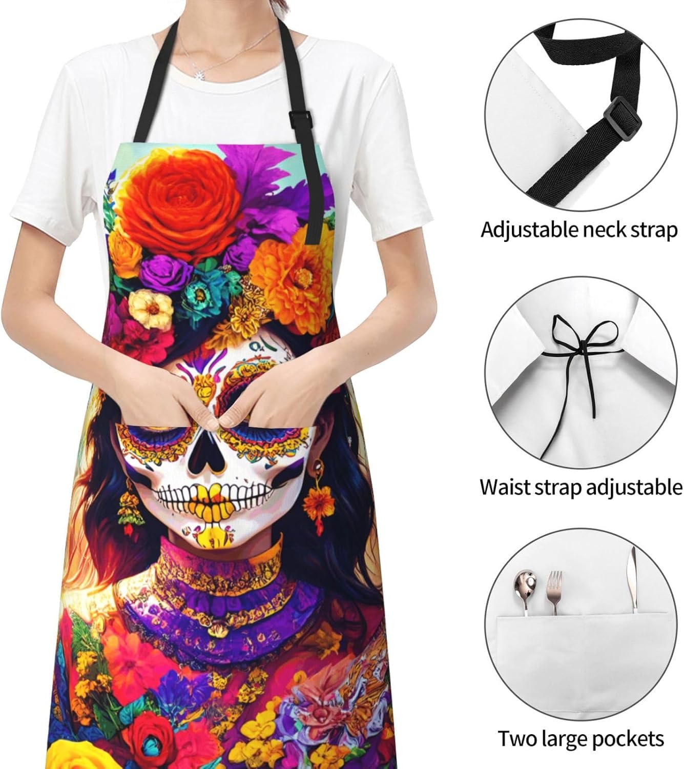 YANYU Skull Skeleton Print 28x33 In Kitchen Apron Stylish Chef Apron w