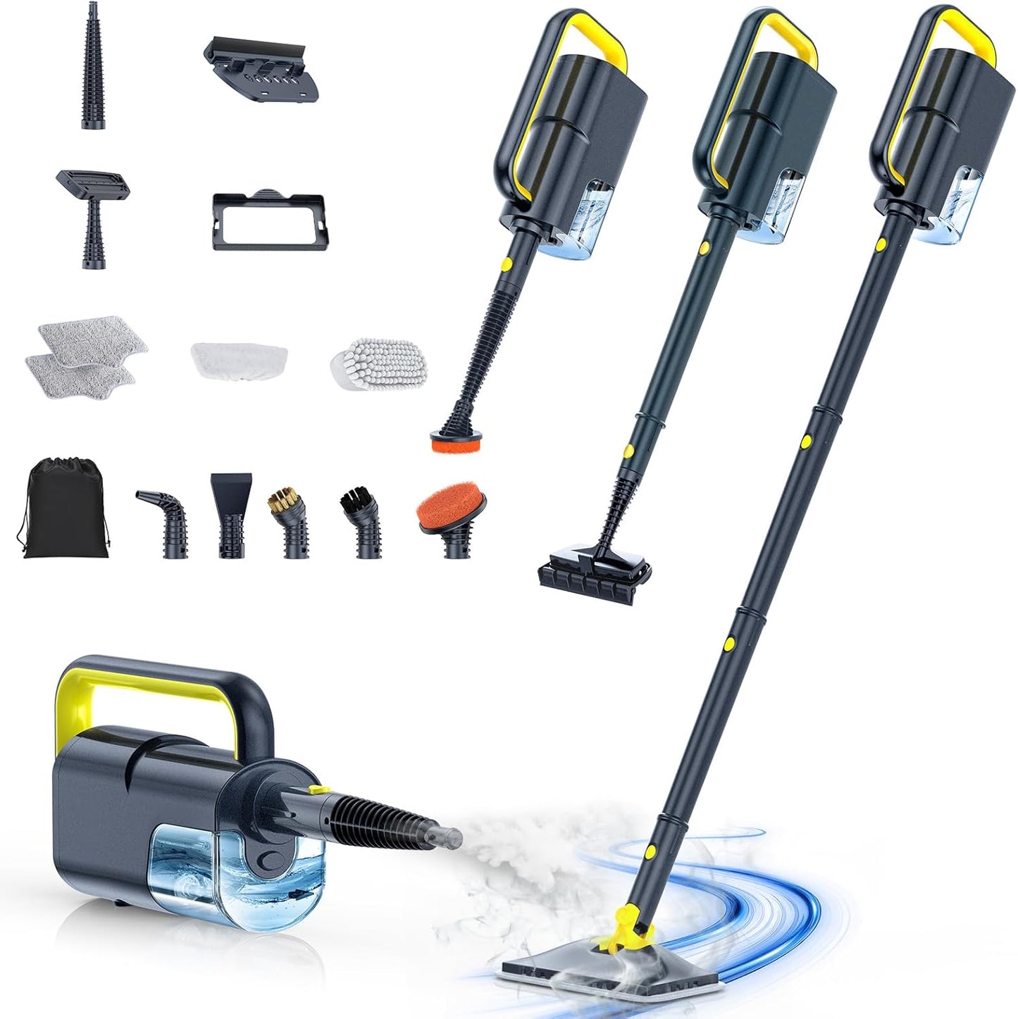 ScrubWiz Steam Mop with Detachable Handheld Steam Cleaner, 10-in-1 Multi Accessories, Quick 10s Heat, 350ml and 2-Level Steamer for Cleaning Floor, Carpet, BBQ Grill, Tile, and Grout, Gray