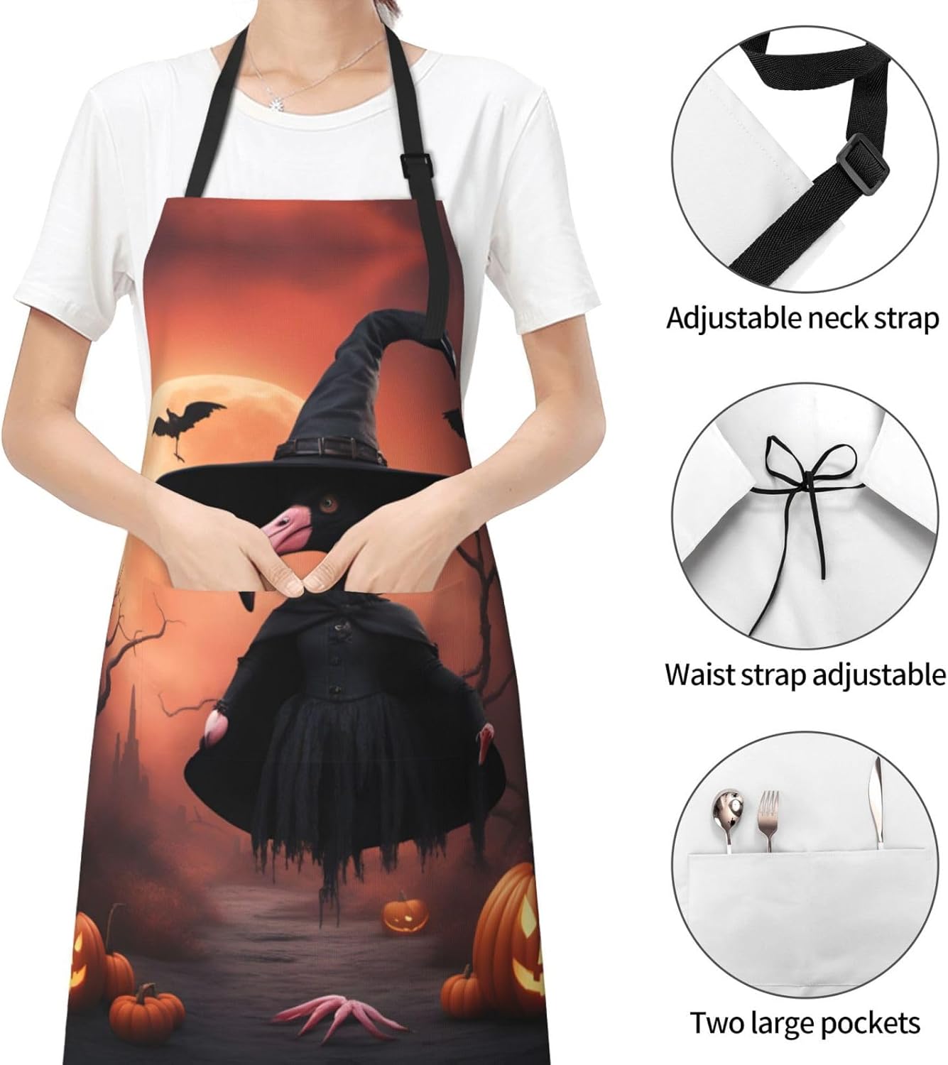 Halloween Flamingo Witch Hat print Waterproof chef's apron with pocket