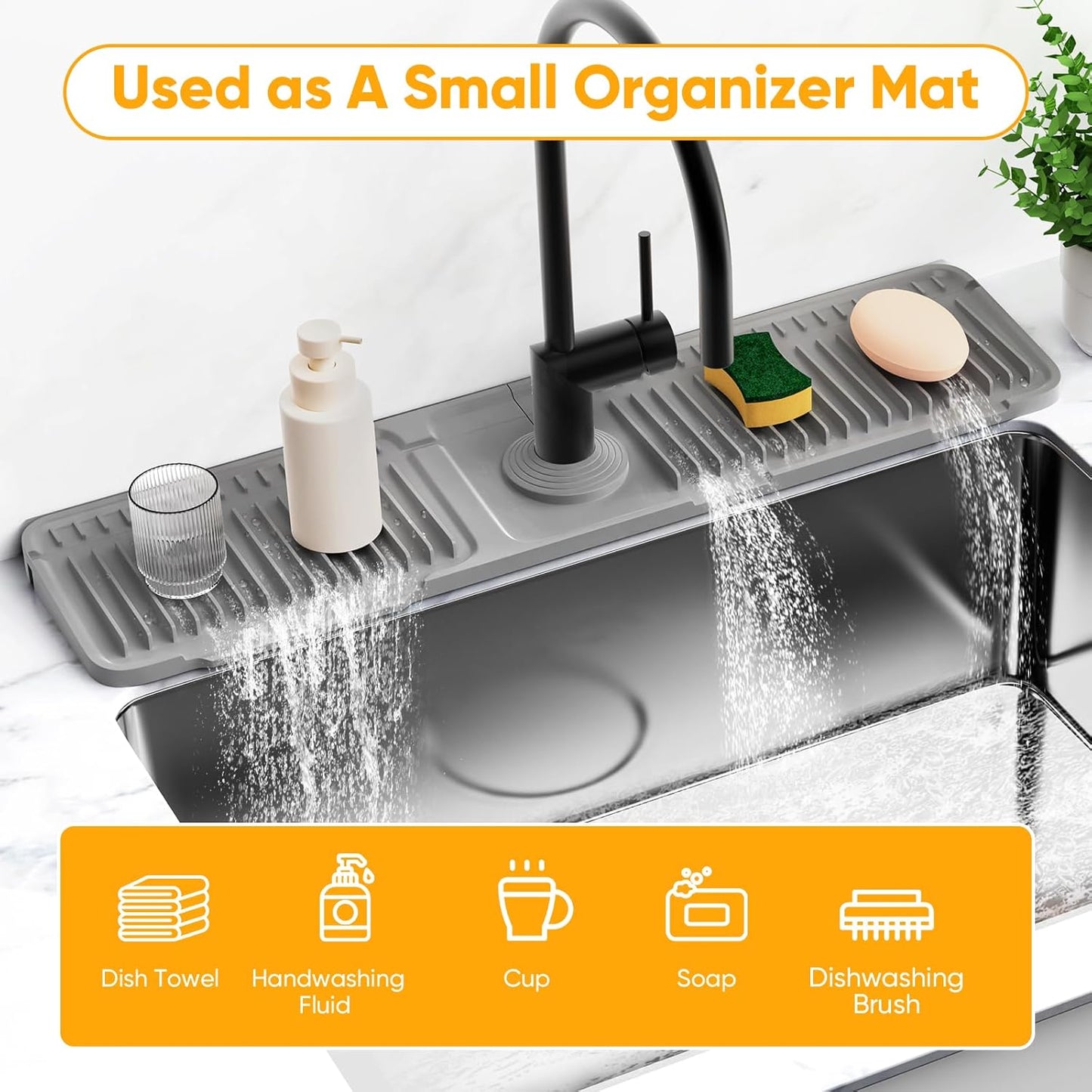 24'' Longer Faucet Mat for Kitchen Sink Splash Guard[7° Slope Fast Self-draining][Snap Lock Fit]Kitchen Sink Faucet Mat Splash Guard Kitchen Sink Area Water Splash Guard Behind Faucet Draining Mat