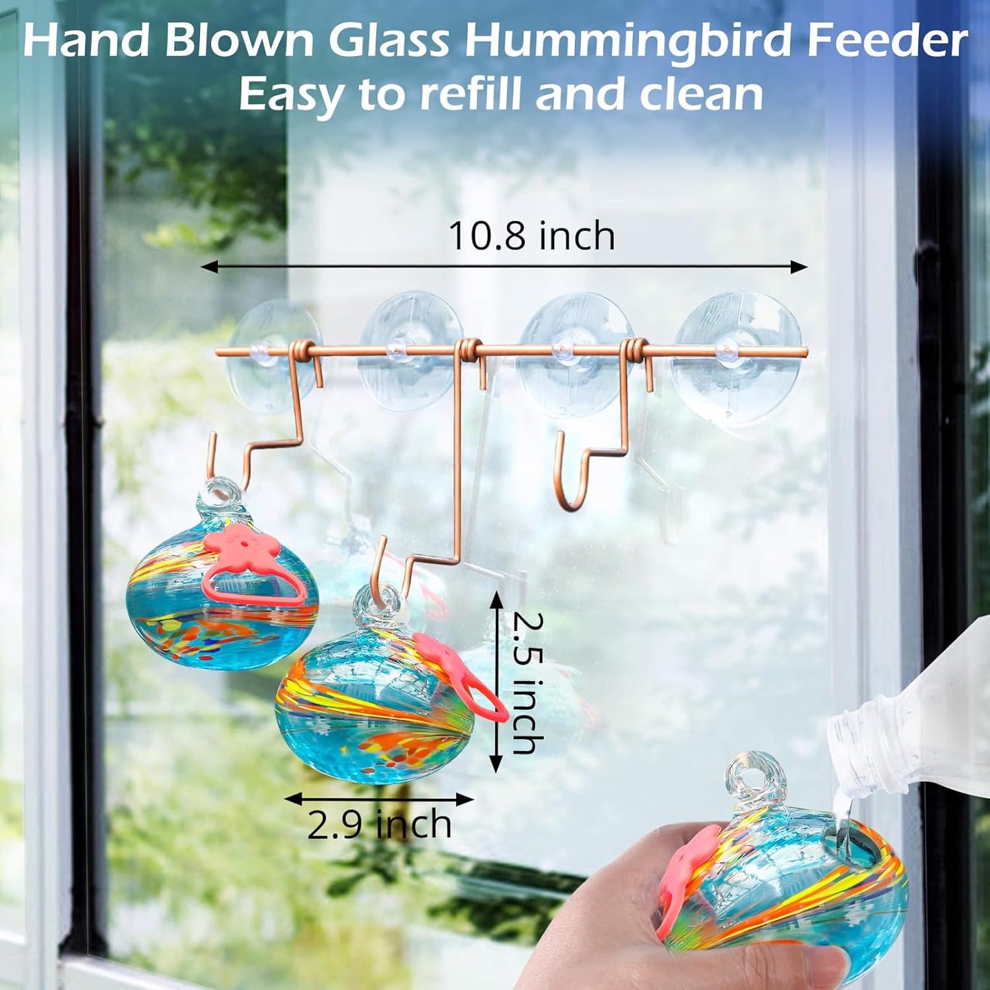 Window Hummingbird Feeder with Suction Cups,Hand-Blown Glass Hummingbi