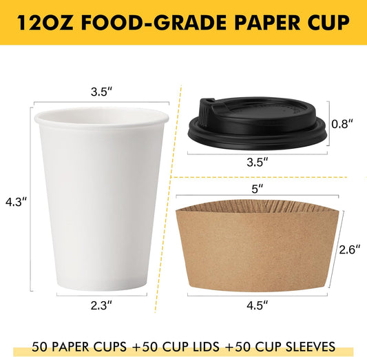 RACETOP 12 oz 50 pack Disposable Paper Coffee Cups with Lids and Sleeves