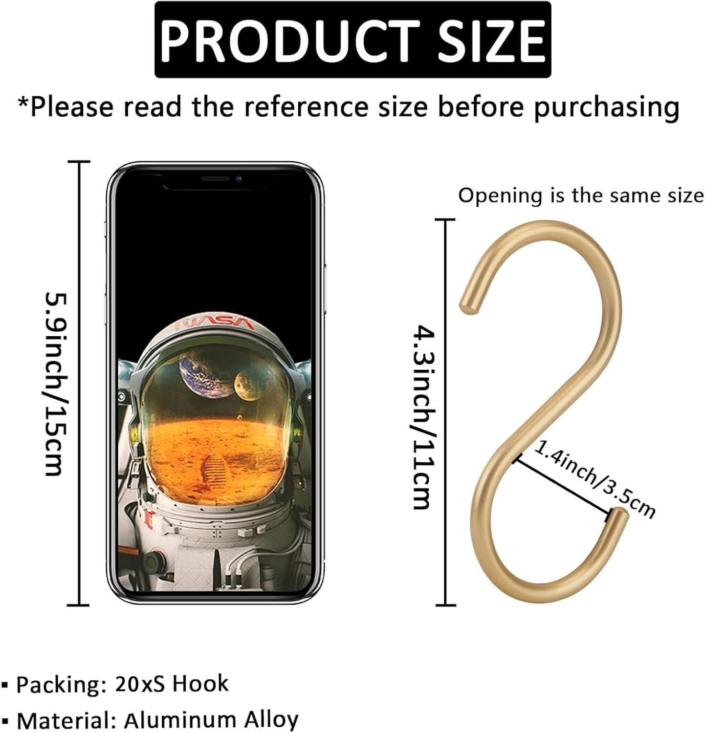 20Pcs Gold S Hooks,Aluminum Alloy S Shaped Hook,4.3x1.4inch Gold Hook Hanger,Heavy Duty S Hook,Utility S Hooks for Bathroom,Cloakroom,Kitchen,Garden
