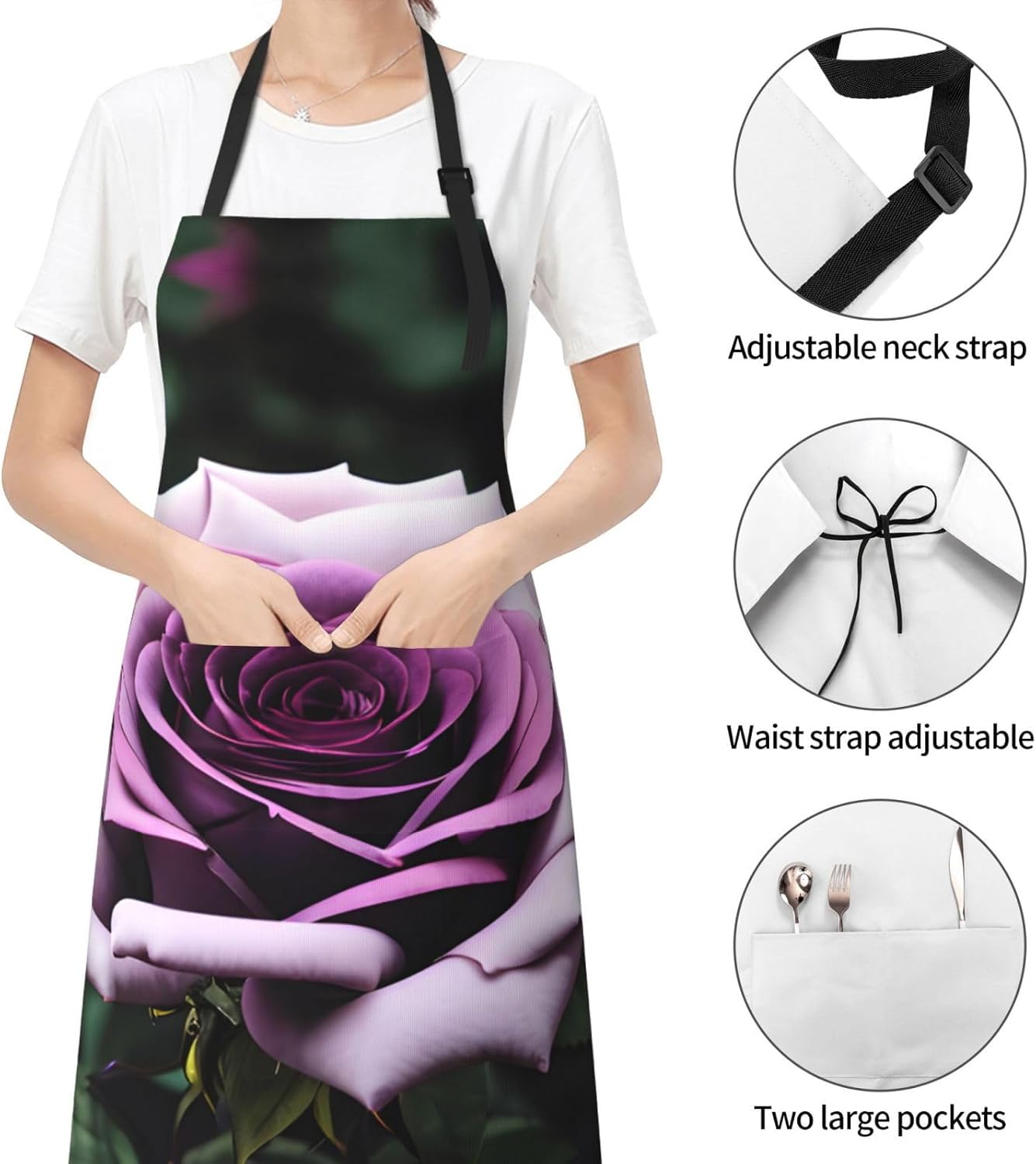 Black Blackgound Rose print Waterproof chef's apron with pocket apron 
