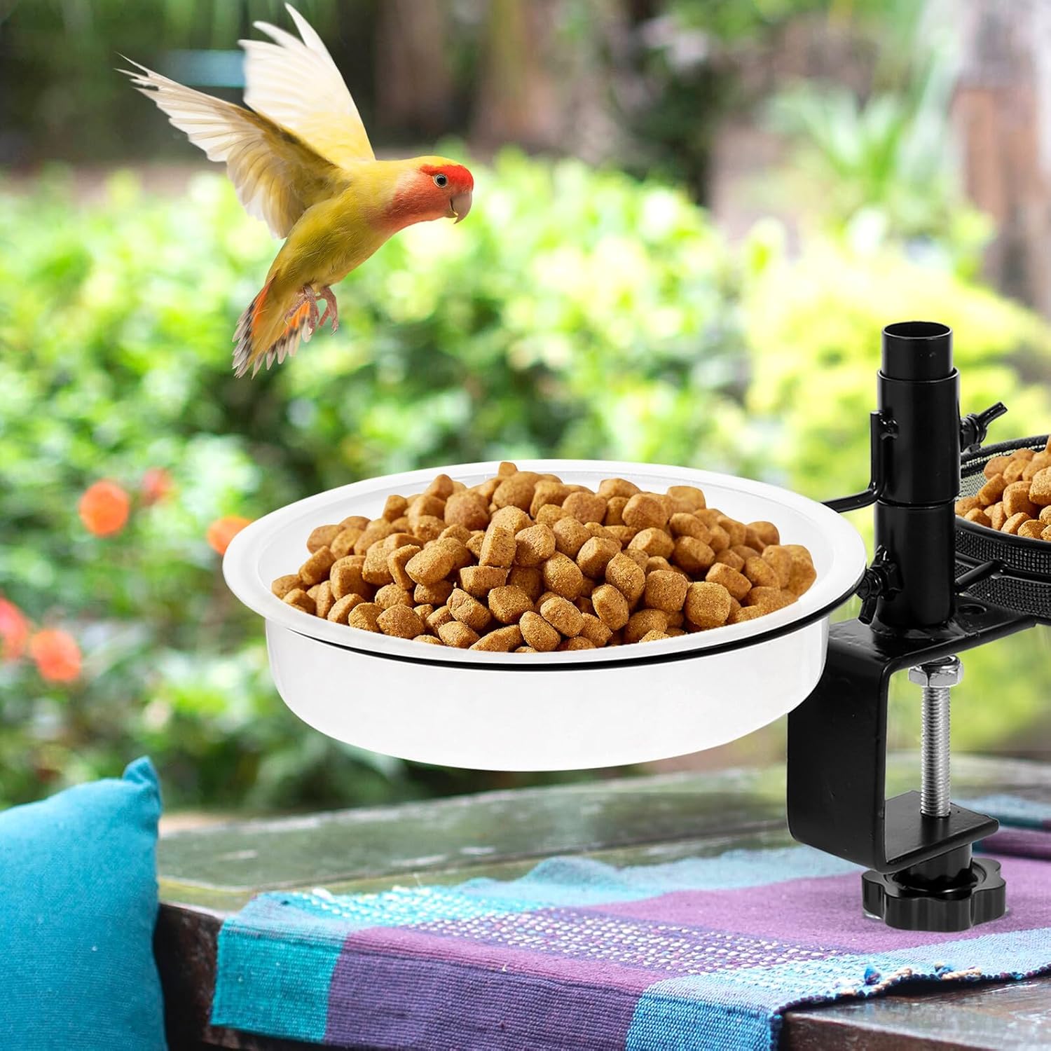 FAVOMOTO Multi-Function Metal Bird Feeder Stand with Washable Mesh Tra