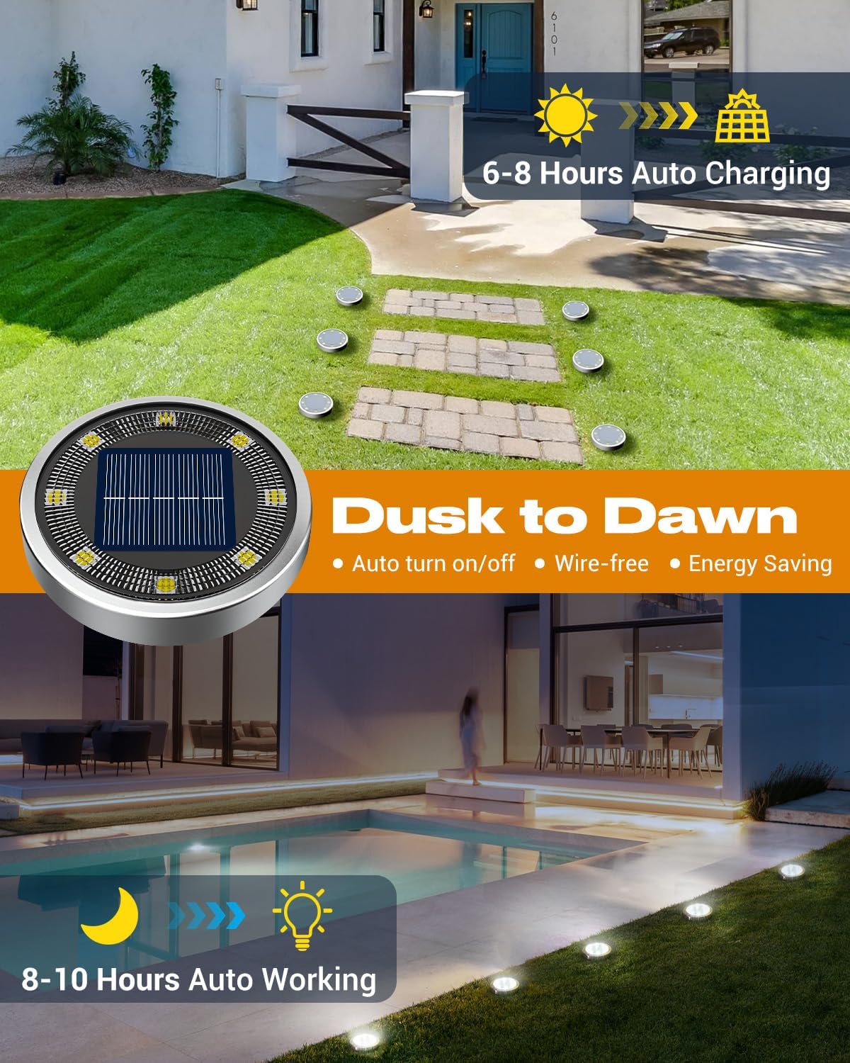 btfarm 16 Pack Solar Lights Outdoor, 8 LED Solar Ground Lights IP65 Wa