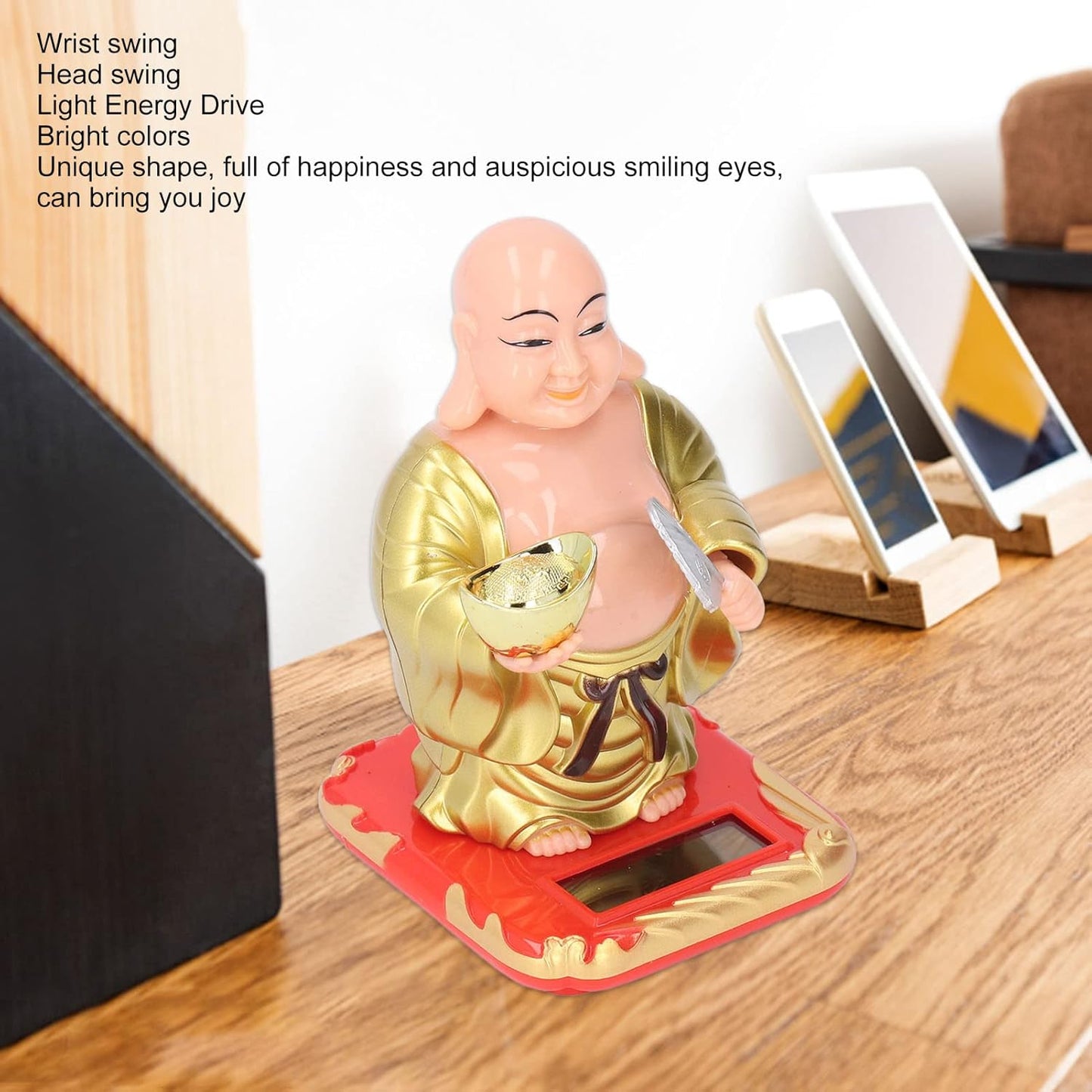 Standing Maitreya Buddha Solar Ornaments, Light Energy Sensing Automatically Wave Hand Nod Head Car Dashboard Ornament Home Wealth Health Lucky Ornaments