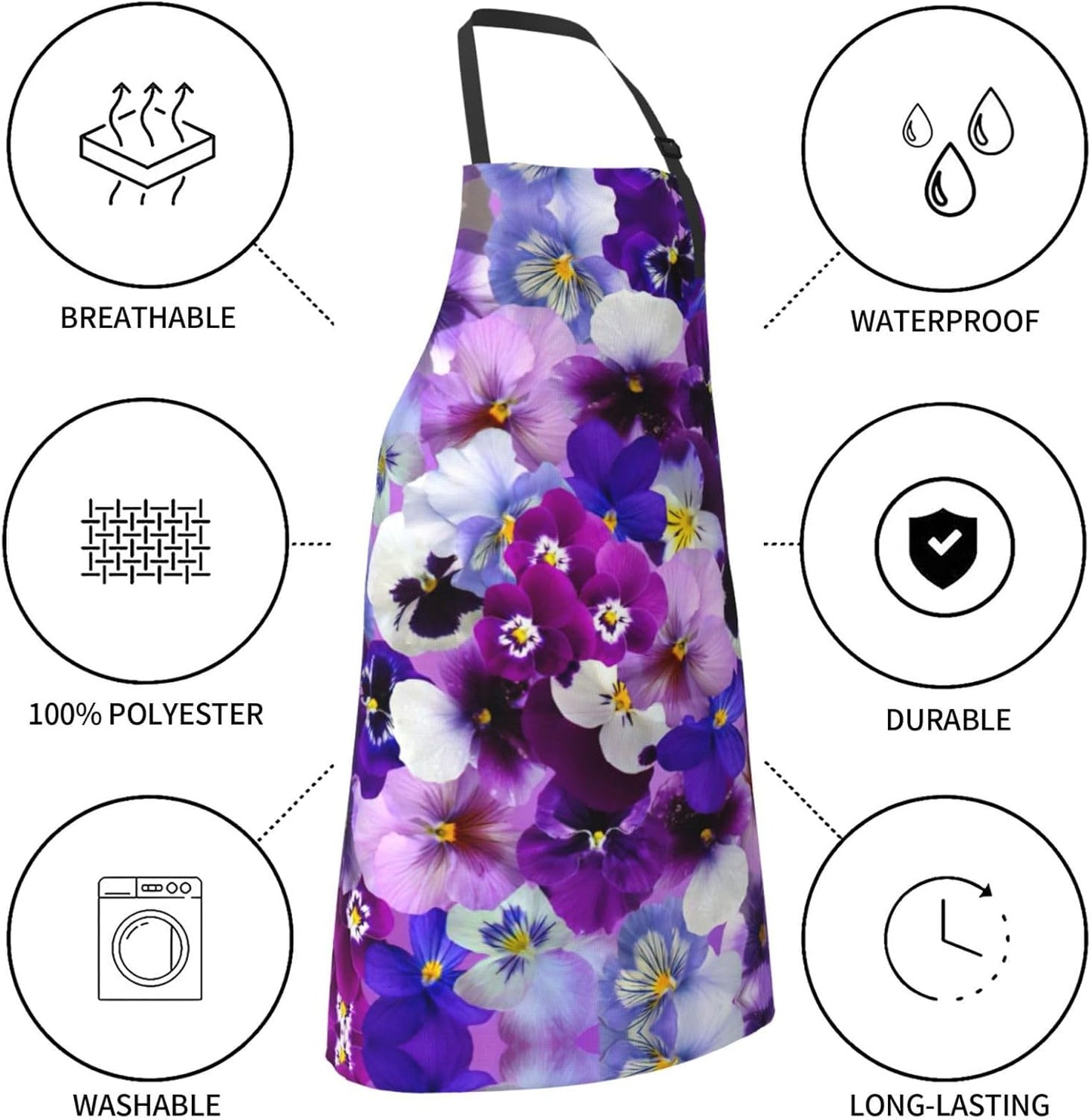 Purple Flower Print Laundry apron 28x33 In Waterproof Kitchen Apron with Pockets for Cooking Baking