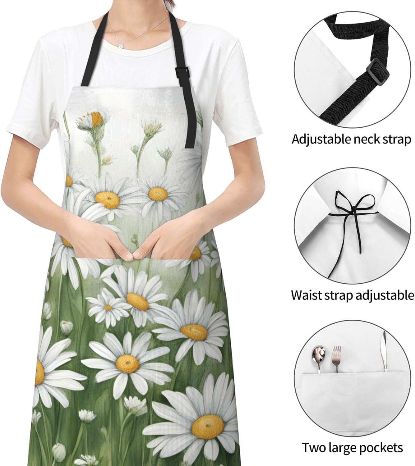 YANYU White Daisy Print 28x33 In Kitchen Apron Stylish Chef Apron with Pockets for Cooking Baking Painting