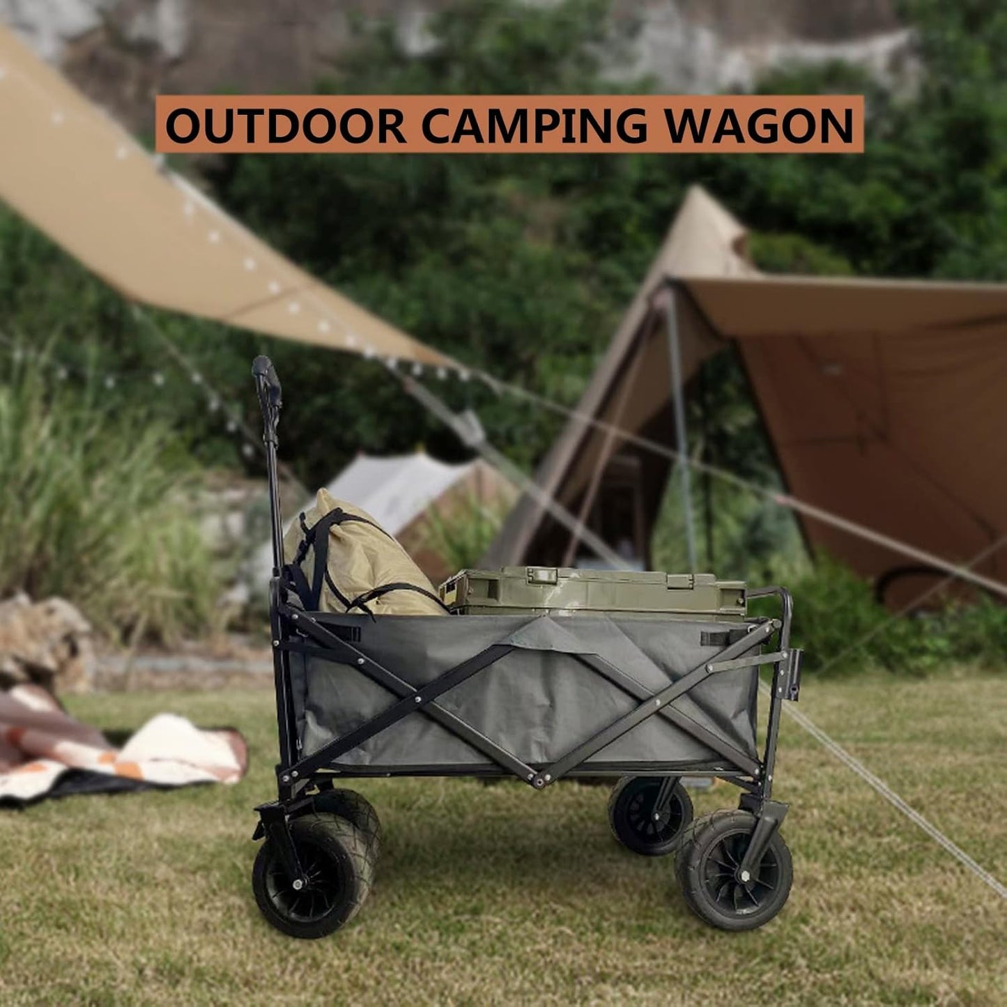 Heavy Duty Collapsible Folding Wagon Cart - Portable All-Terrain Beach & Garden Utility Cart with Wide Wheels for Camping, Fishing, Shopping, Sports - Grey