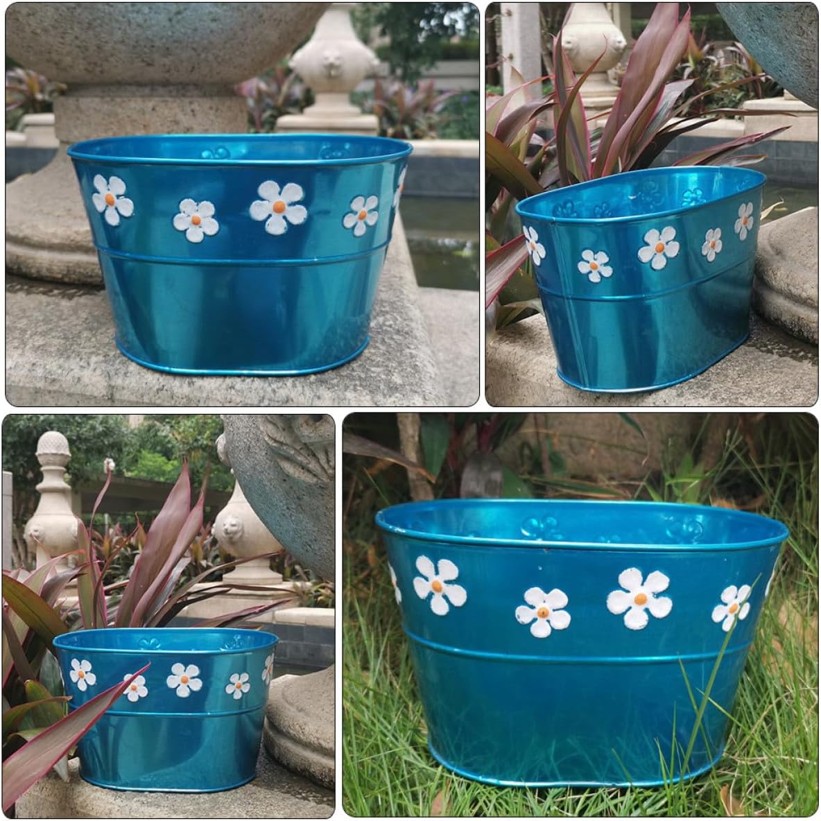 BESTOYARD Vintage Blue Floral Embossed Iron Flower Bucket with Handle 