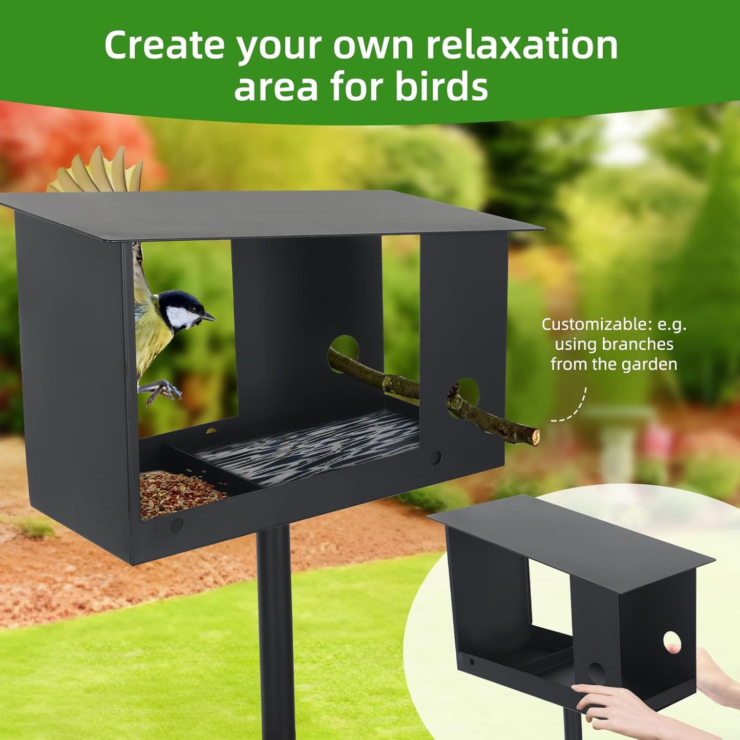 3-in-1 Metal Bird Feeder with Pole 59in High Weatherproof Wild Bird Feeding Station with Birdseed Area Removable Water Tray Custom Perch Ground-Mounted Bird Feeder for Small Birds Sparrow Tit Robin