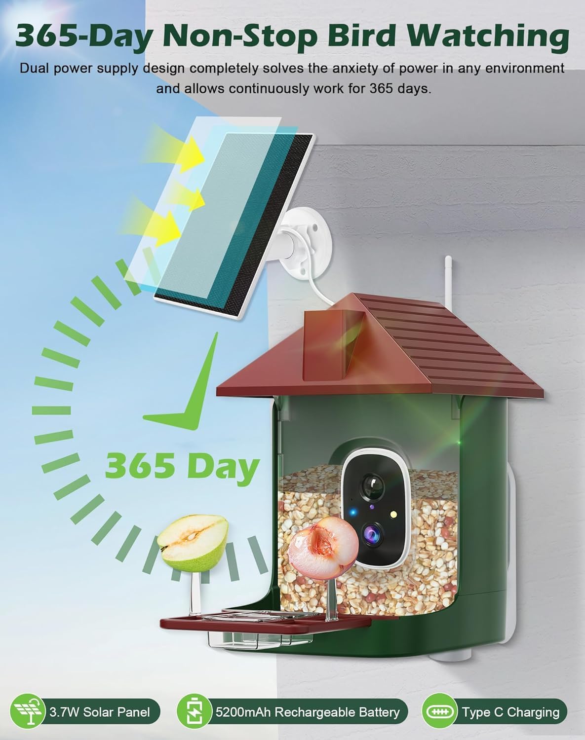 Smart Bird Feeder with Camera Solar Powered, 5MP 2.5K HD Live Video Bi