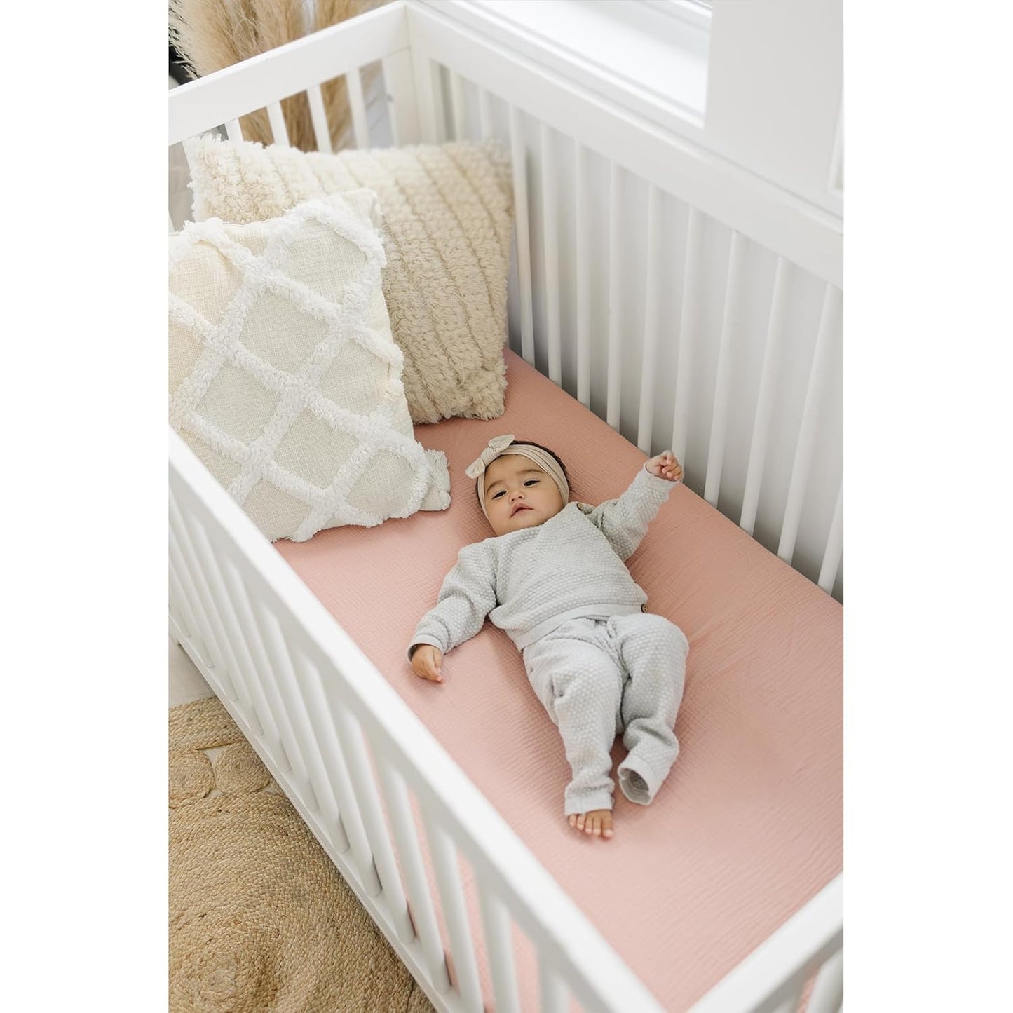 Konssy Muslin Crib Sheets for Girl Boy, 2 PCS Soft and Breathable Cotton Baby Sheets for Standard Crib Mattress, 52"x 28" (Floral, Pink)