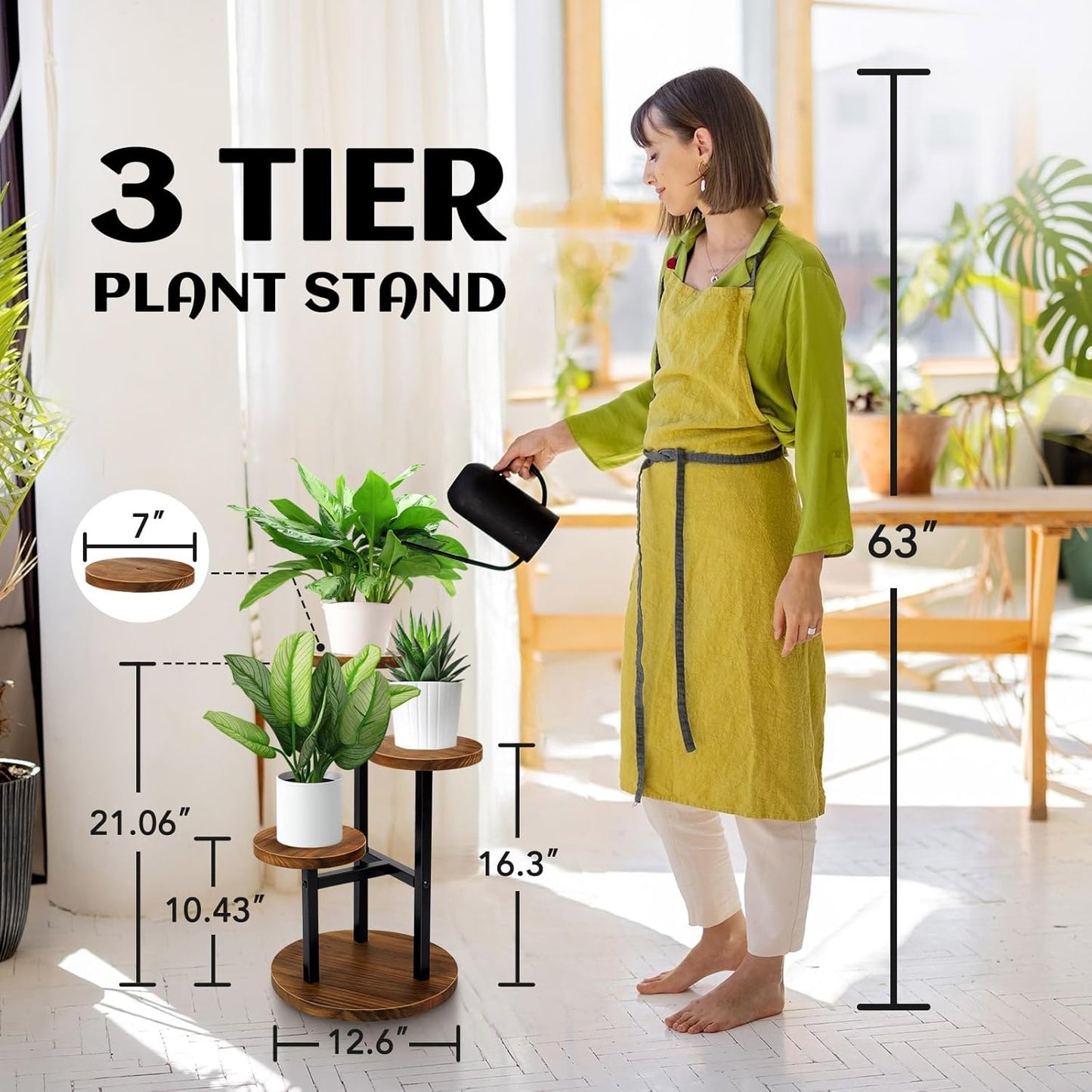 AUGOSTA 3 Tier Plant Stand, Tall Metal Wood Shelf Holder for Indoor, O