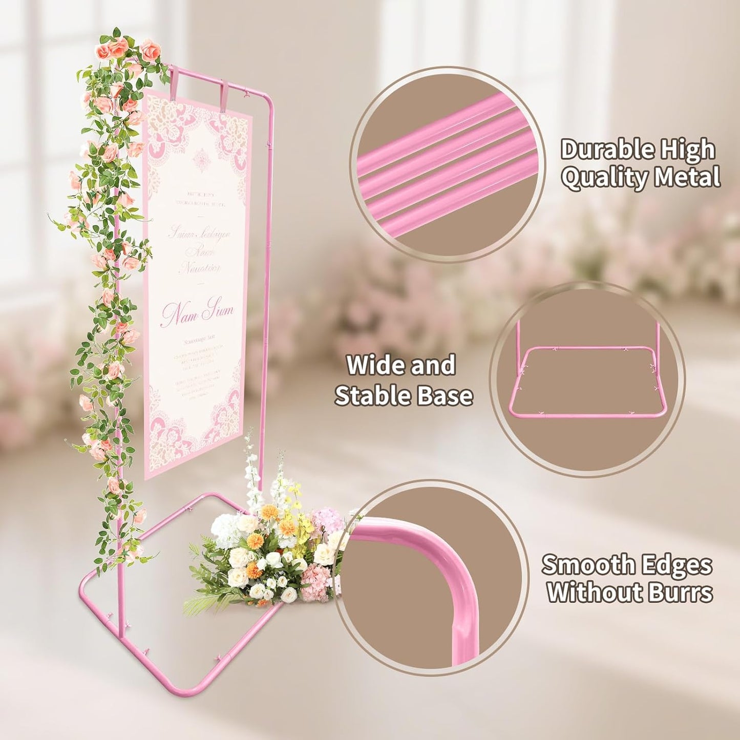 Easel Stand for Wedding Sign Holder Metal Welcome Poster Stands Wedding Seating Chart Stand Backdrop Stand Floral Ceremony Easel for Display in Pink
