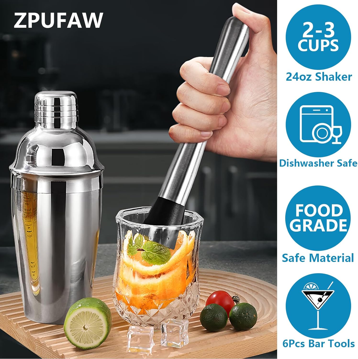 6-Piece Cocktail Shaker Set 24oz Shaker Strainer Muddler Jigger Mixing