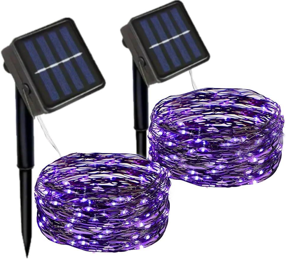 2 Pack Halloween Solar Purple String Lights,Each 40FT 120 LED Copper Wire Fairy Lights, Waterproof for Halloween Decor Thanksgiving Patio Yard Trees Party
