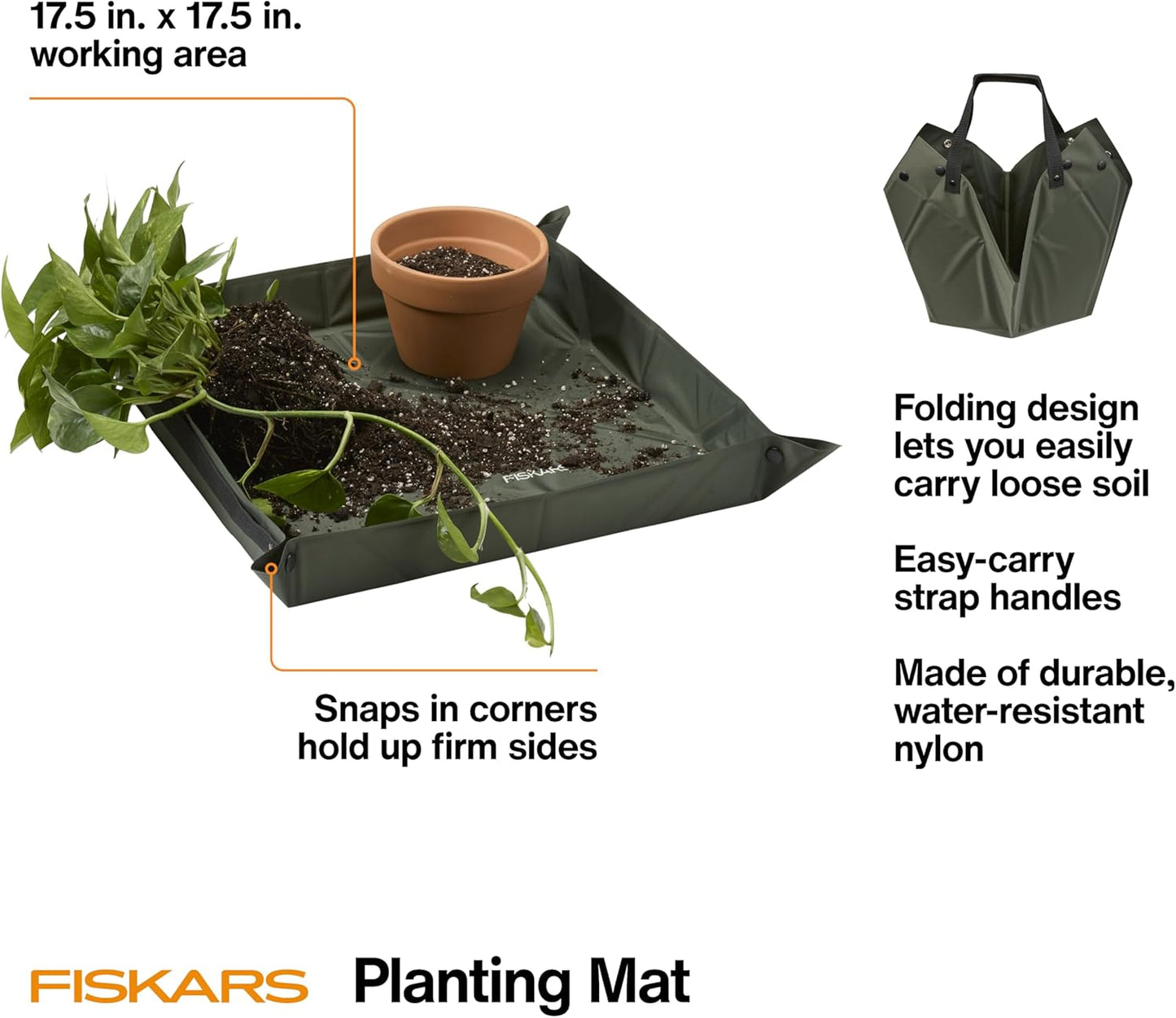 Fiskars Planting Mat for Indoor Gardening – Foldable Repotting Mat and Potting Tray with Snap-Up Sides, Durable Water-Resistant Nylon, 17.5" x 17.5"