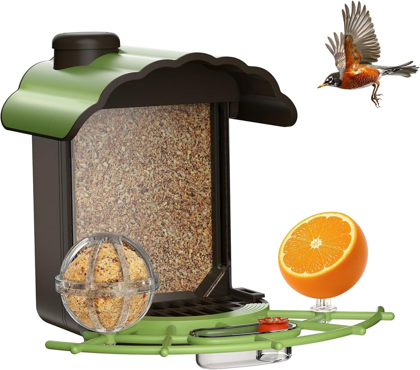 Bird Feeder for Outdoors, Outside Seed Feeders with 4 in 1 Food Tray, 2L Clear Large Capacity, Easy Mount, Suitable for Finch, Cardinal, Blue Jay, Humming, Safflower and Other Birds