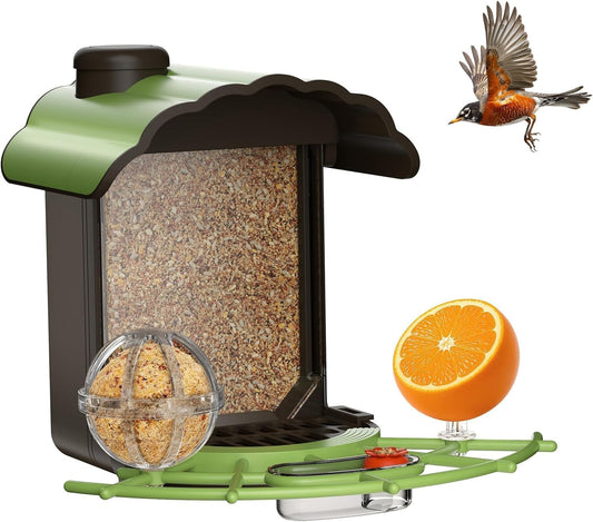 Bird Feeder for Outdoors, Outside Seed Feeders with 4 in 1 Food Tray, 2L Clear Large Capacity, Easy Mount, Suitable for Finch, Cardinal, Blue Jay, Humming, Safflower and Other Birds