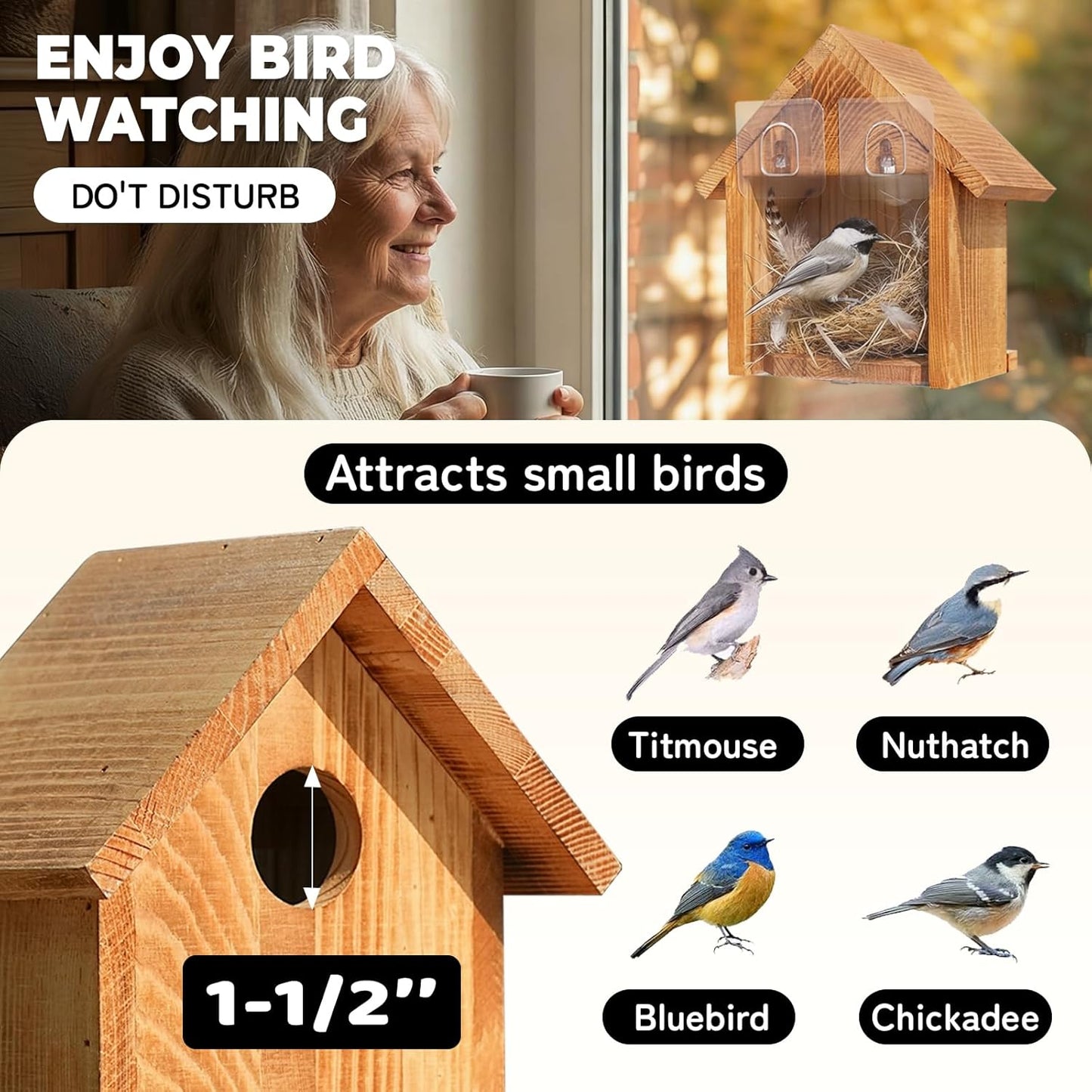 Window Bird Houses for Outside with 2 Powerful Hooks, Clear Window Bird House for Viewing Inside, Hanging Wooden Birdhouses to Paint for Outdoors, Bird Nesting Box for Bluebird Finch Chickadee