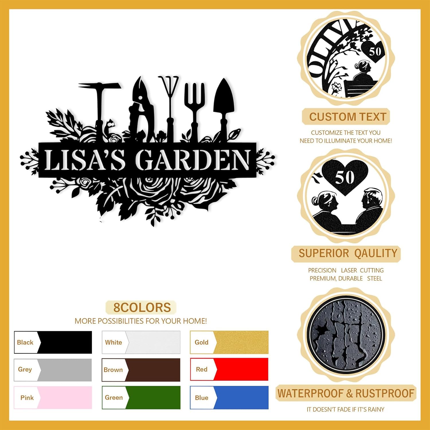 Custom Metal Garden Signs, Personalized Garden Tools Signs with Name, 