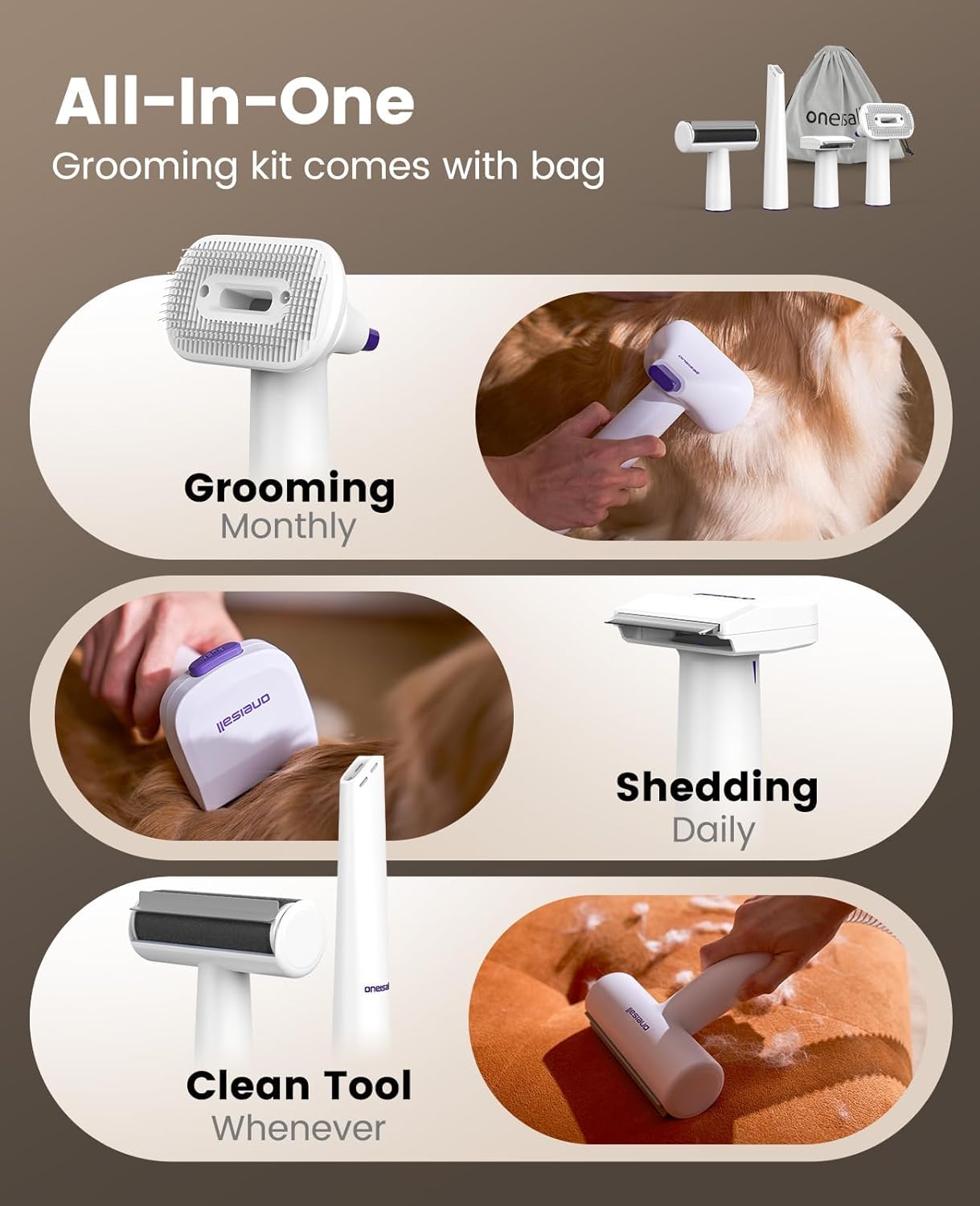oneisall Dog Grooming Vacuum Kits: 15000Pa Shedding Brush with Groomin