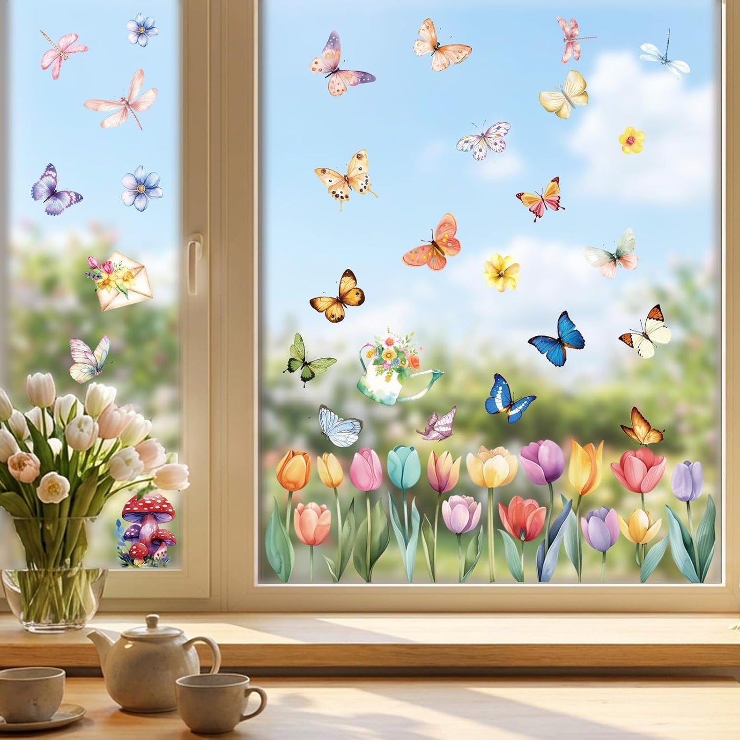 9 Sheets Spring Window Clings Decor, Flower Butterfly Window Stickers, Tulip Floral Decals for Summer, Easter, Spring Decorations for Home, Office, Classroom