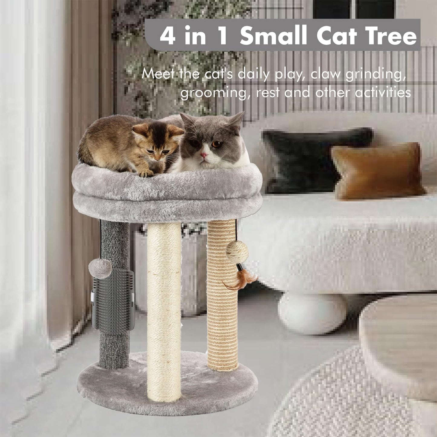 MECOOL 4in1 Small Cat Tree,Scratching Post with Tower Soft Bed, Sisal 