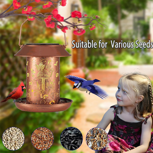 Solar Bird Feeder,Metal Wild Bird Feeders for Outdoor Hanging, Waterproof Outside Large birdfeeders for Cardinals,Mushroom Shaped Solar Garden Decor Lantern as Gift for Bird Lovers