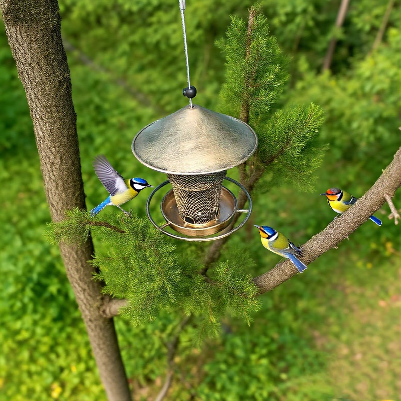 A Detailed and Magnificent Outdoor Hanging Bird Feeder with a Detachable roof (Golden Stretchable Style)