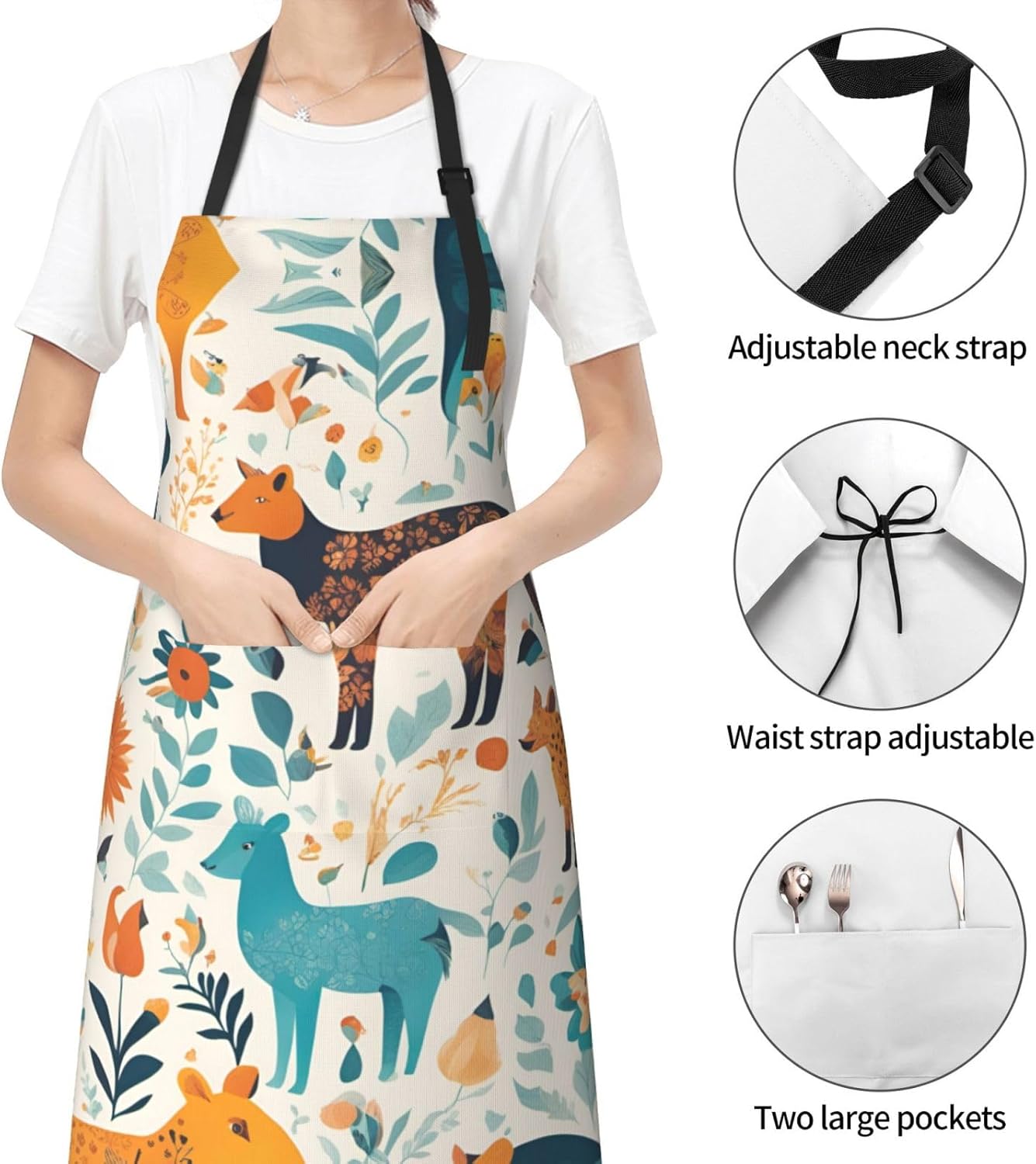Cute Floral Animal Pattern 1 print Waterproof chef's apron with pocket apron for kitchen cooking baking barbecue and gardening