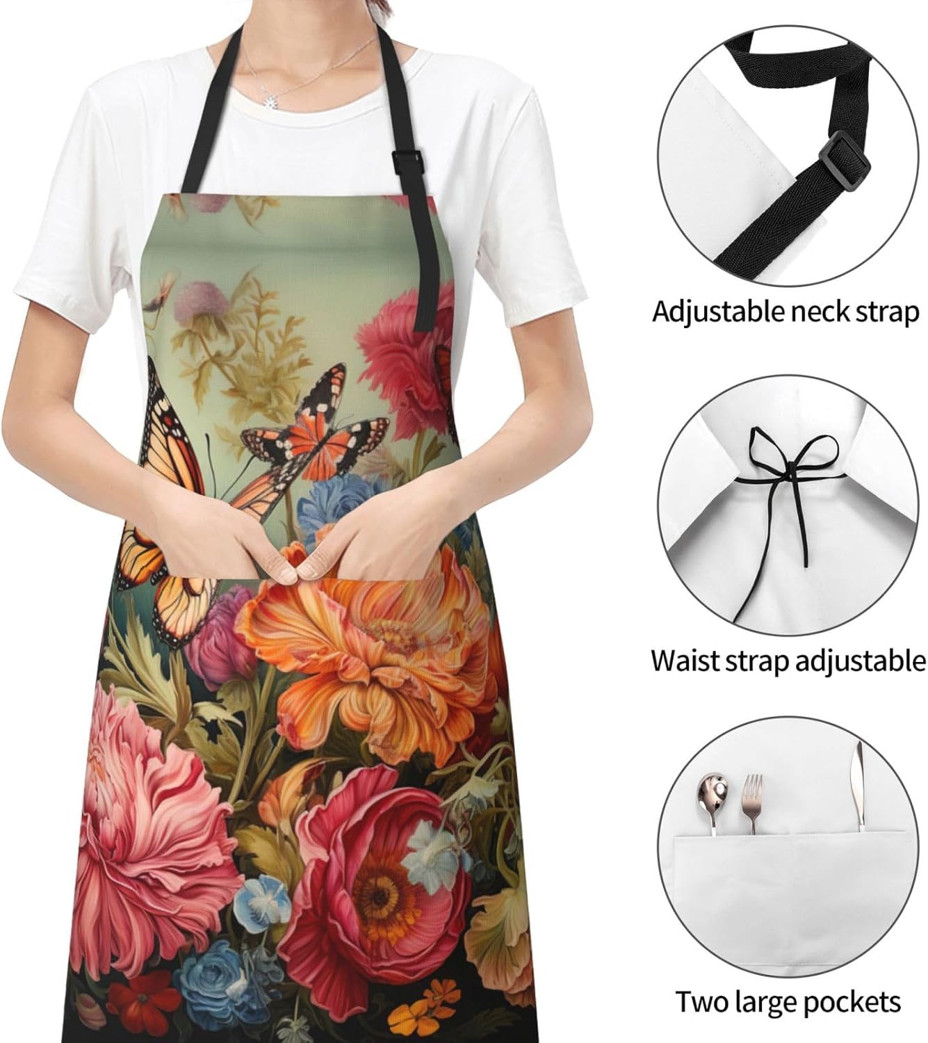 Flowers and Butterfly print Waterproof chef's apron with pocket apron for kitchen cooking baking barbecue and gardening