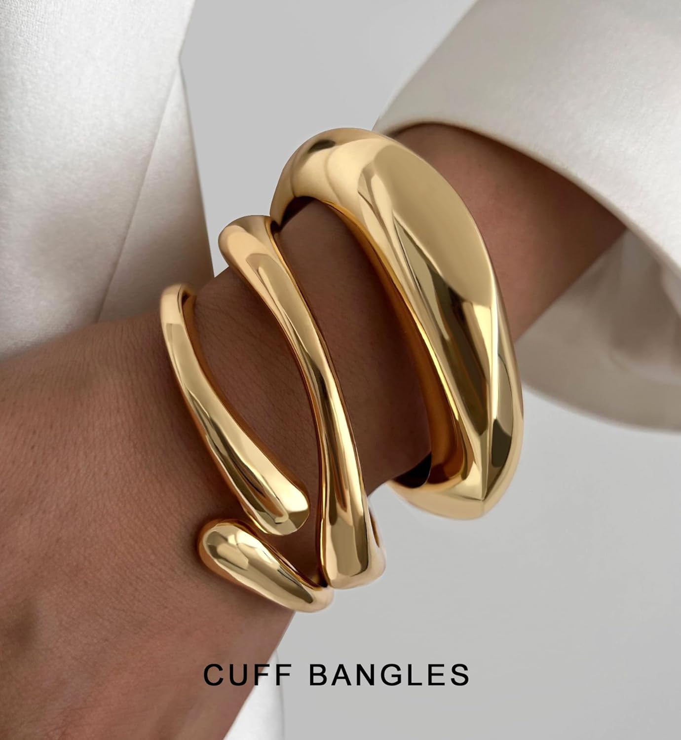 Chunky Gold Bangle Bracelets for Women, Dainty 14k Gold Plated Big Sta