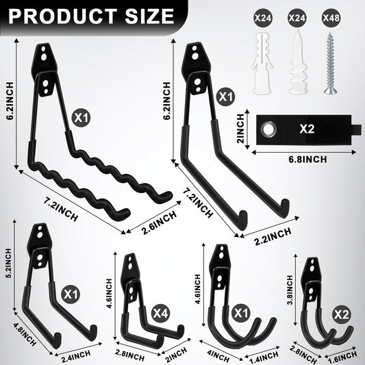 Garage Hooks, 12 Pack Heavy Duty Wall Mount Storage Hanger, Steel Garage Storage Hooks for Ladder, Bike, Garden Tool with Extension Cord Holder Organizer (Black)