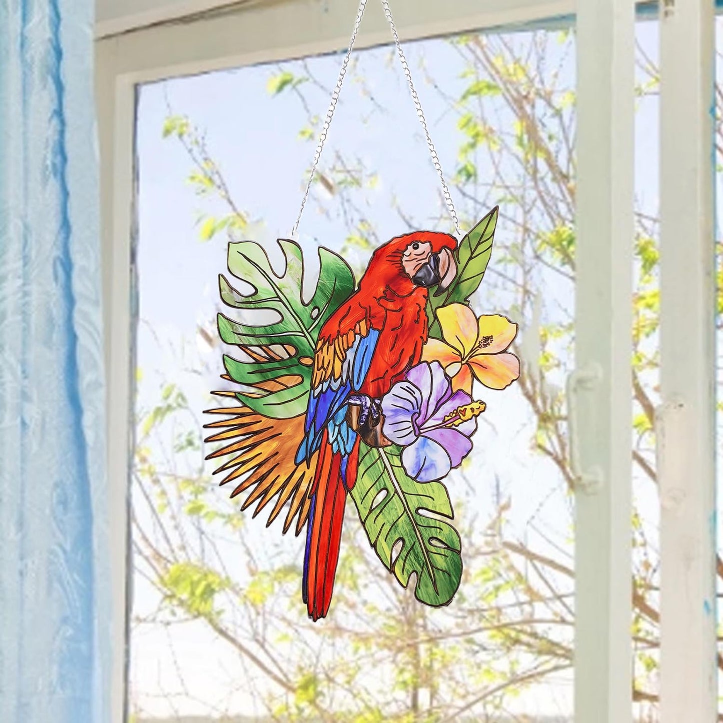 Stained Glass Window Hanging Birds, Marzovitra 12 inch Large Parrot Suncatchers for Windows Hanging Hummingbird Gifts Bird Decor for Garden, Home Sun Catcher Window Decor Glass Art Decor (Red)