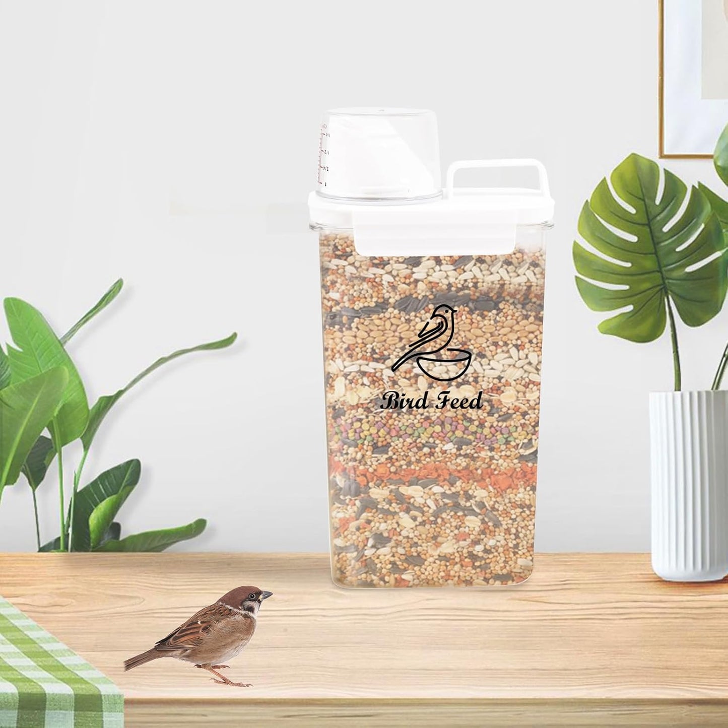 Bird Seed Storage Container Portable,2.5L/3 Qt Airtight Pet Food Container with Measuring Cup,Bird Food Container for Wild Bird Sunflower Seed-BPA Free Transparent