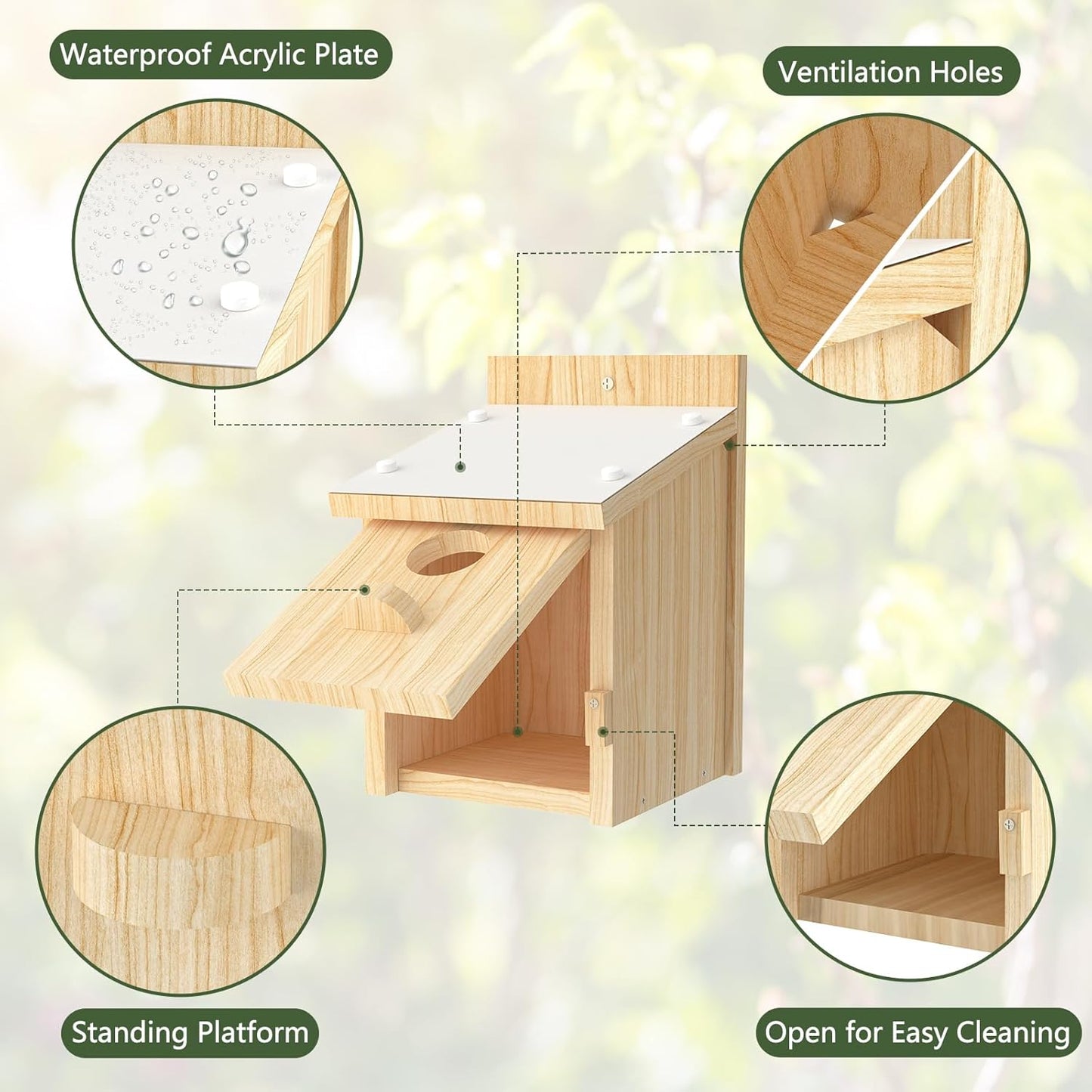 Bird Houses for Outside, Bluebird House with Standing Perch, Hanging Wood Bird House with Waterproof Acrylic Plate for Small Birds Bluebird Finch Swallow Wren Chickadee Assembly Required