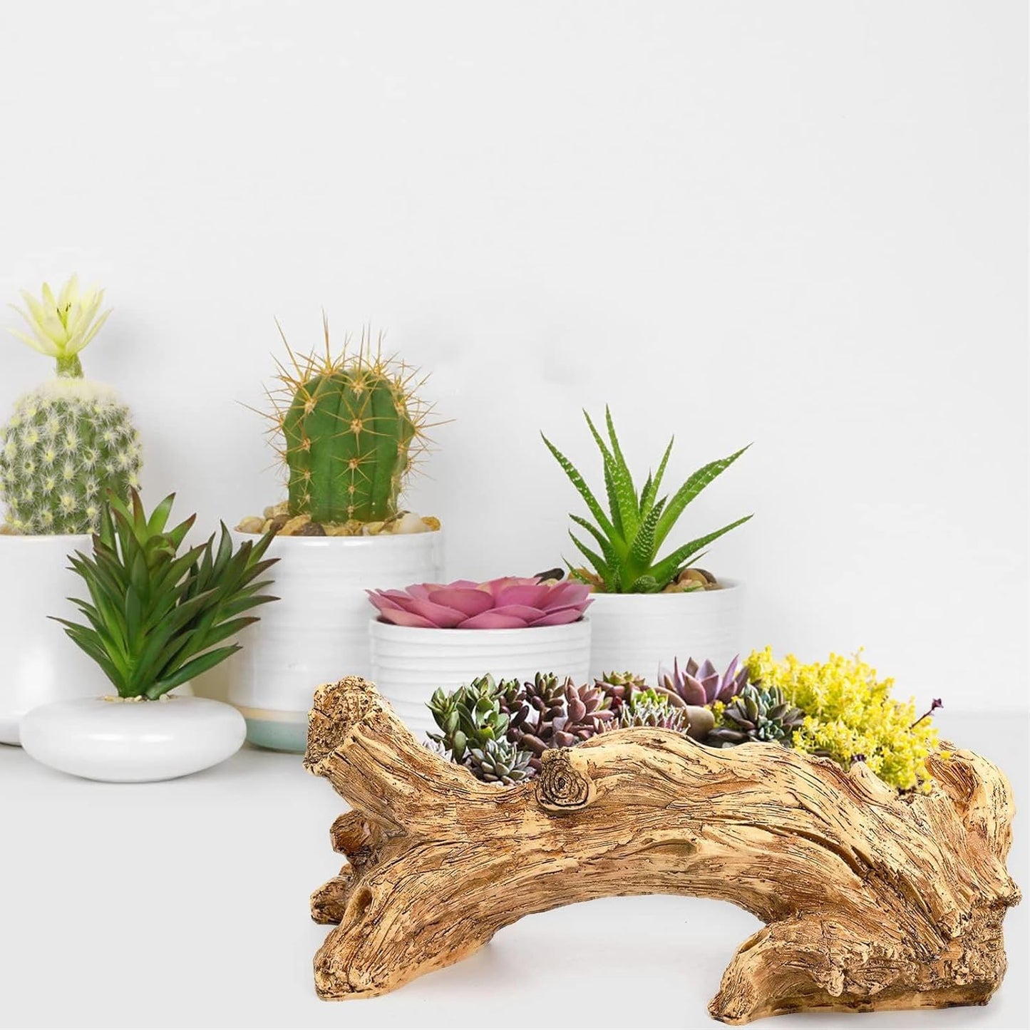 Artificial Driftwood Planter, Vintage Artificial Stump Log Like Container Pot, Tree Stump Sculpture Pot for Strawberry, Small Plants