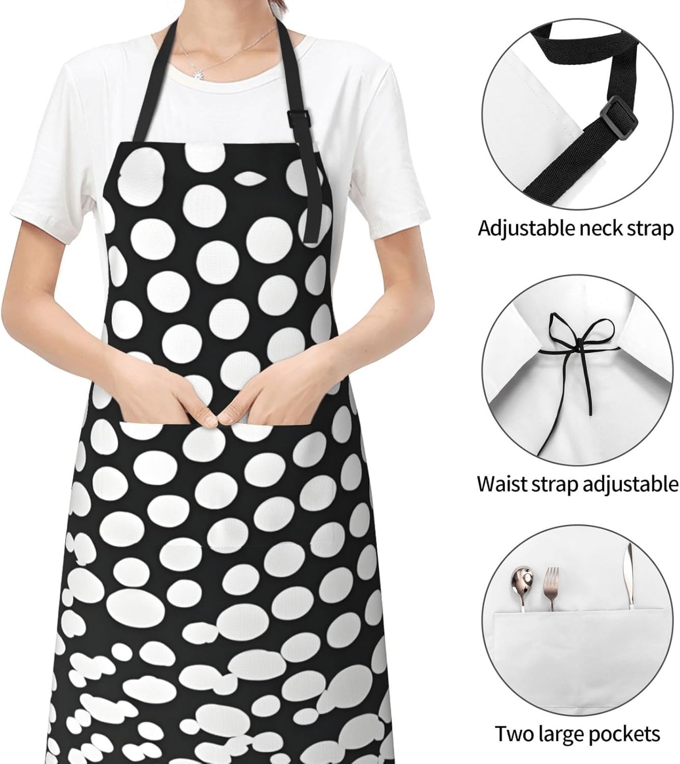 Black White Polka Dots Pattern print Waterproof chef's apron with pocket apron for kitchen cooking baking barbecue and gardening